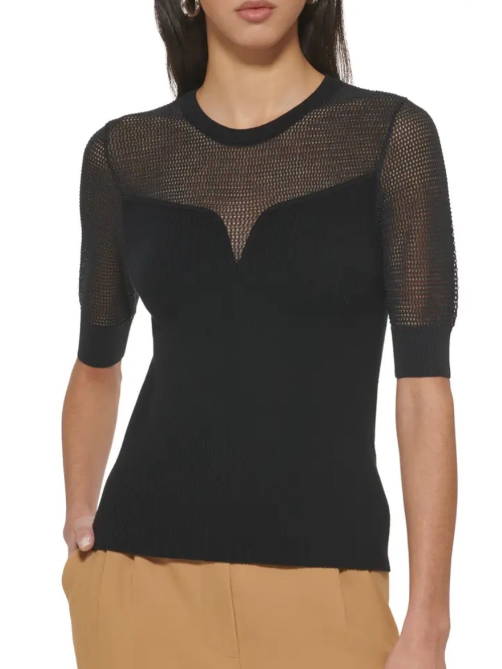 DKNY Black Mesh Yoke Ribbed Knit Top Size XS Sheer Panel Short Sleeve Fitted